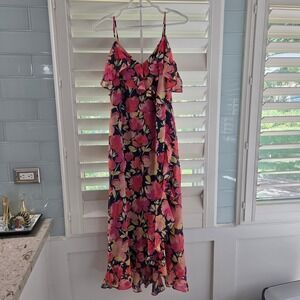 London Times Maxi Dress Size 10 Floral Ruffle Strap Sleeveless Spring‎ Summer